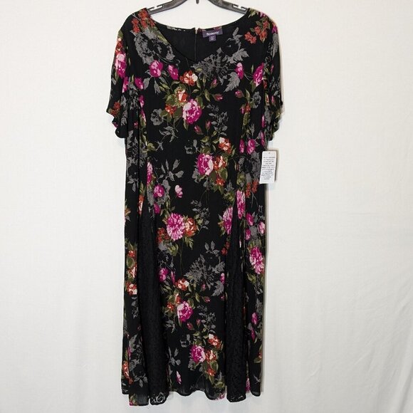 Roaman's Dresses & Skirts - ROAMAN'S Black/Pink Floral Crepe Chiffon Midi Sheath Dress; Size L (18/20)